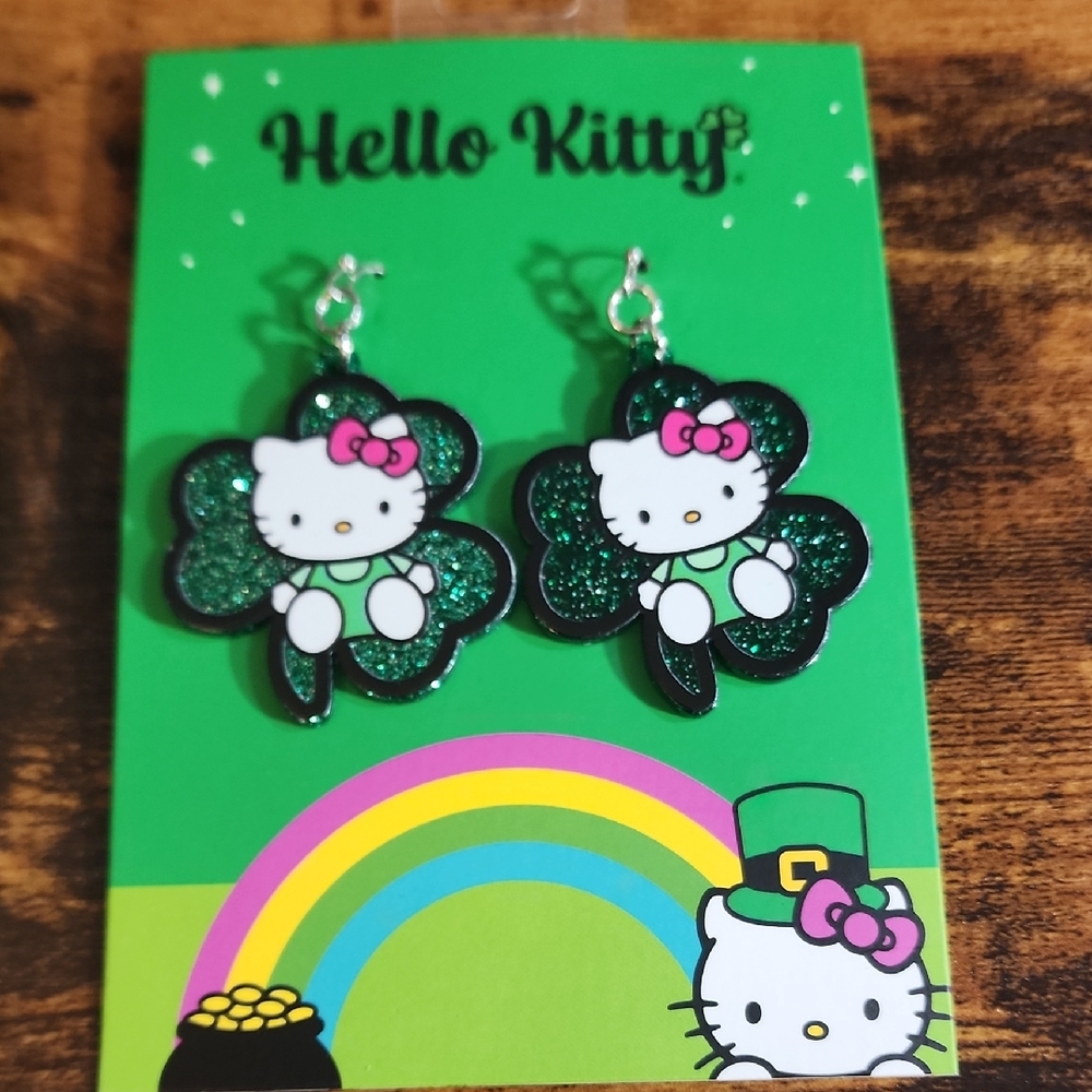 Hello Kitty Pink & Green Shamrock Dangle Earrings